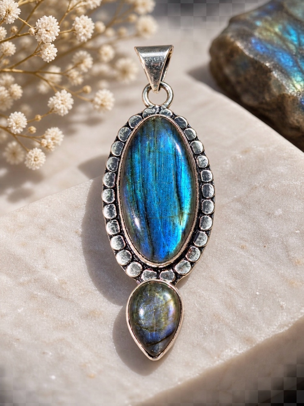 Labradorite Blue Oval & Teardrop Pendant Necklace - Sterling Silver